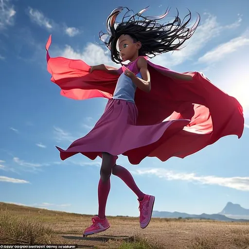 Prompt: Pose: The girl can be shown in a dynamic flying pose, with her arms outstretched and her cape billowing in the wind. This conveys a sense of power and movement.
