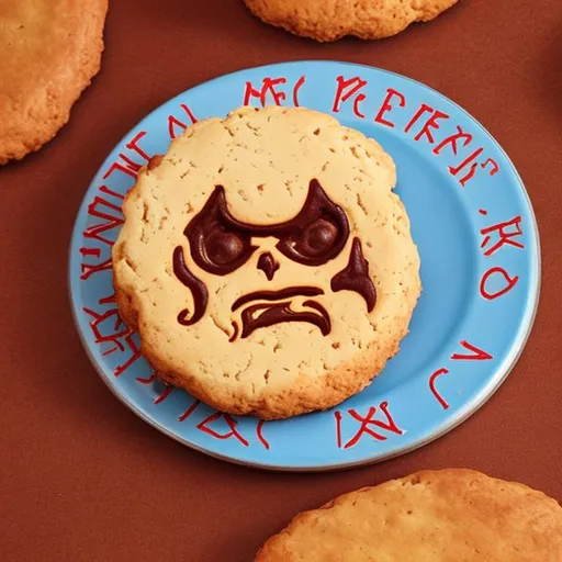 Prompt: I need a drawing of a an American biscuit with a devil’s face I need it for my shop logo