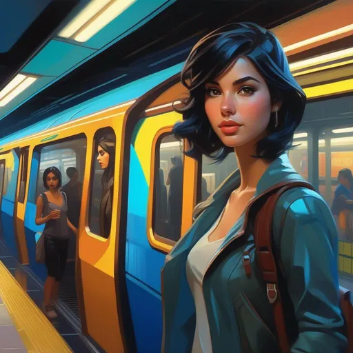 Prompt: Third person, gameplay, young woman, pale olive skin, black hair, dark brown eyes, glass, neon, modern subway station, blue-ish atmosphere, cartoony style, extremely detailed painting by Greg Rutkowski and by Henry Justice Ford and by Steve Henderson 