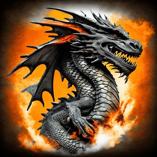 Prompt: A dragon in action breathing fire with black rough brushed border around frame of picture with colors, yellow, gray, burnt orange, white