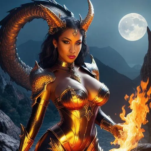 Prompt: Full-body detailed masterpiece,Dark fantasy, high-res, quality upscaled image, perfect composition, subject of this image is a beautiful female bipedal dragon , Black serpent like smooth skin, busty body, 18k composition, 16k, 3D image, cell shaded, busty torso, blue moonlight background, orange fire,  ((realistic Face)), d&d dragonborn, dragon, naughty, 24k resolution,  