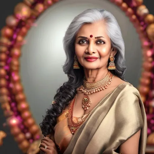 Prompt: blend of studio photoshoot portrait in grey background and 3d realistic animation 4k ultrarealistic image of an good looking fair skin 65 years old indian  beautiful Lady full body portrait waiste length character description shot portrait 85mm --AR 9:16