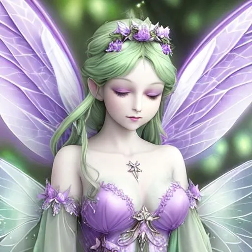 Prompt: a fairy goddess with wings, pale purple and pale green, closeup