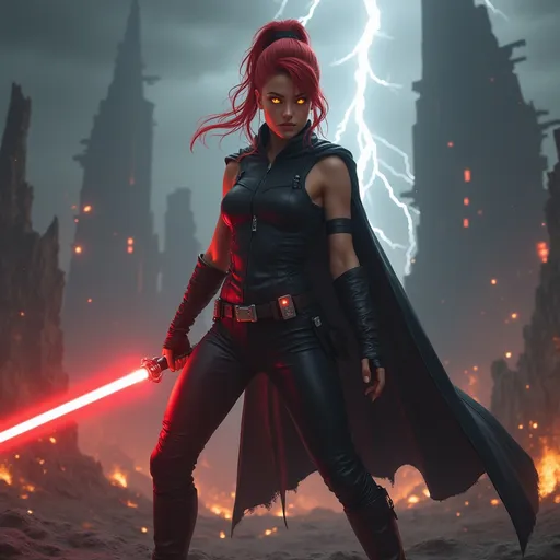 Prompt: Clad in a sleek, dark outfit with a flowing cape that highlights her athletic frame, a young woman stands poised for battle in a dramatic landscape, wielding a single glowing red lightsaber. Her red hair is swept back in a high ponytail, accentuating her fierce expression, her eyes glow orange, as she prepares for battle against the backdrop of a stormy sky, where flashes of lightning illuminate crumbling, futuristic city structures that tower ominously. The atmosphere is charged, with swirling clouds and hints of fire in the distance, casting a dramatic glow that enhances the tension of the scene. Overall, the image conveys a sense of empowerment and urgency, blending elements of fantasy and adventure as the figure exudes confidence in an otherworldly setting.