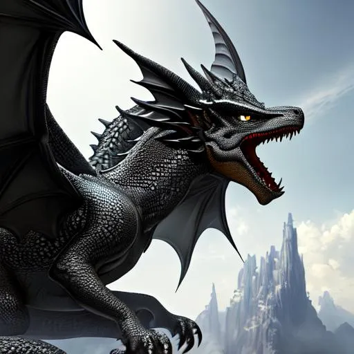 Prompt: Full-body detailed masterpiece, fantasy, high-res, quality upscaled image, perfect composition, beautiful detailed pointed ears; subject of this image is a bipedal dragon, black scales, athletic body, humanoid torso, 18k composition, 16k, 2D artstyle, pale grey human face surrounded by complex detailed dragon features