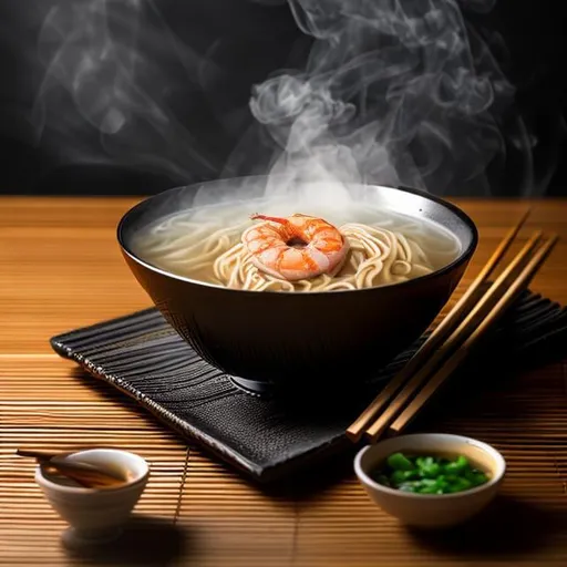 Prompt: bowl of steaming hot noodles, with prawns black background