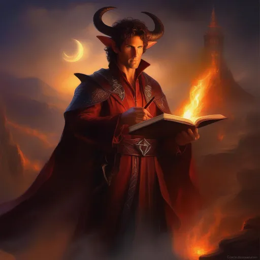 Prompt: (masterpiece, professional oil painting, epic digital art, best quality), Todd Howard as a tiefling sorcerer,