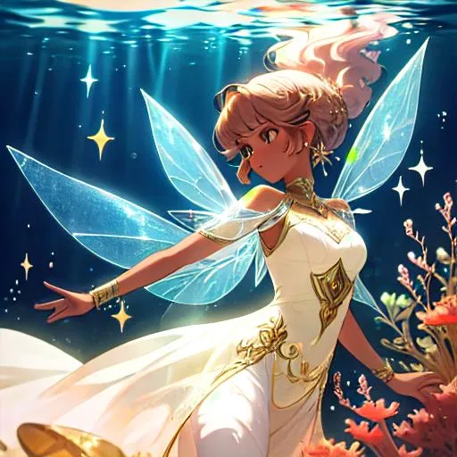 Prompt: pretry fairy, in a highly detailed ornate dress, sparkles, brown skin, underwater, light hair