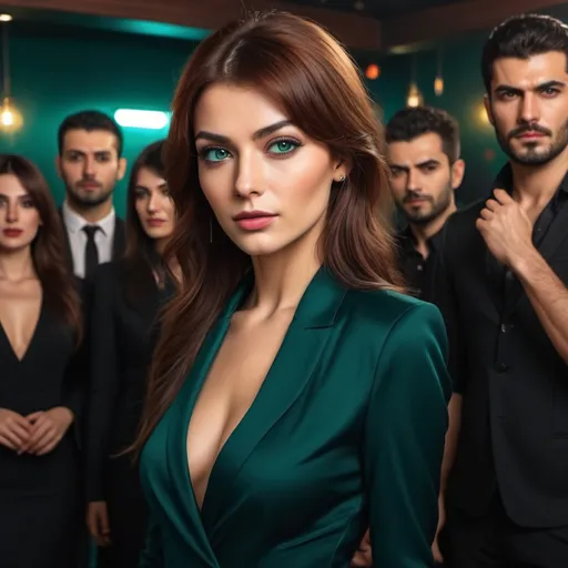 Prompt: In a striking party contrast, a handsome man resembling Engin Öztürk with ginger medium hair, teal green eyes, wearing a full black suit with the coat and a black shirt. Holding a wonderful woman looking like Pınar Deniz with her straight dark brunette hair and bangs, dark marron eyes, wearing a black tight luxury dress. Many people dress elegantly in the background, in a night club. Party vibes, realistic being human.