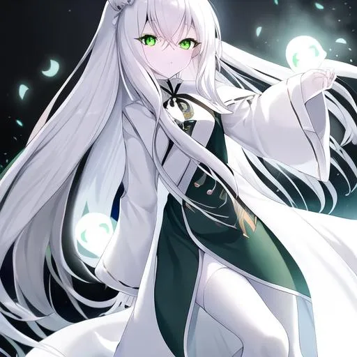 Prompt: ghost (long white hair, slightly pale skin, glowing green eyes), UHD, 8K, 
