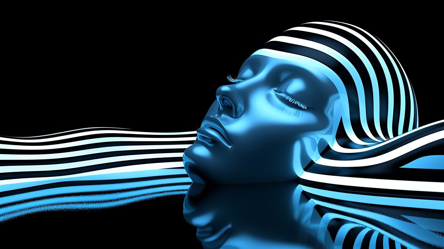 Prompt: Focus selective with out stand features Certain influences futurist strong with installation multimedia a to alluding blue dark and bronze light blends backdrop The experience visual unique a offering wavetracing quantum by enhanced is scene The reflections chrome mirrors surface the where stripes, white and black with patterned face a of art Digital.