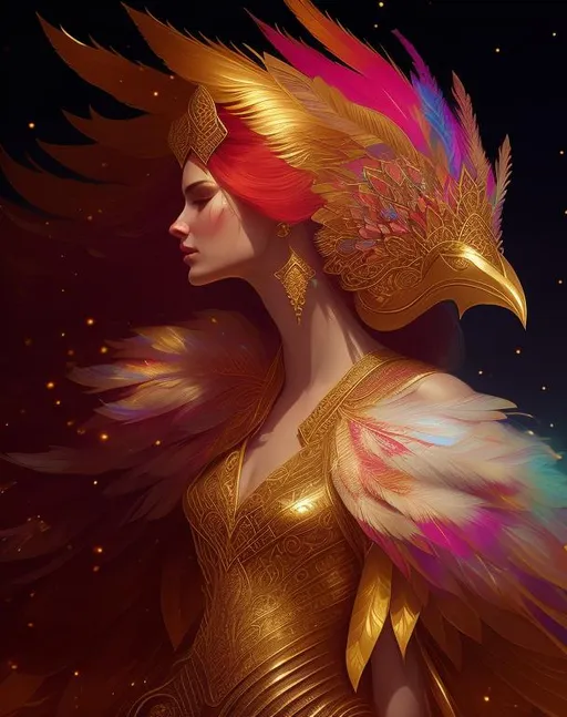 Prompt: Portrait of A beautiful harpia woman, wearing warrior Intricate legendary Golden armor, beautiful redish gradient iridescent feathers, sharp focus, intricate, majestic, highly detailed, elaborate, cinematic, digital art, lens flare, octane render, fantasy,  in the style of Peter mohrbacher, tom bagshaw, david palumbo, Jacek yerka, Robert Oxley, android Jones, Georgia O'Keeffe, Anato Finnstark