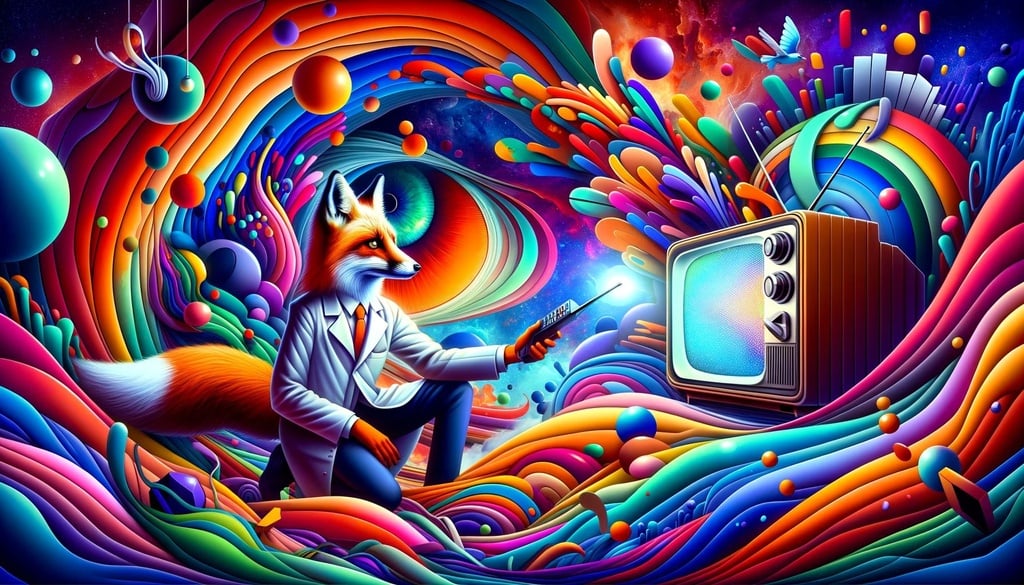 Prompt: illustration: Dr. Fox immersed in a world of chromatic intensity, with vibrant colors and abstract shapes symbolizing the evolution of television.