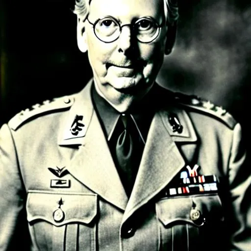 Prompt: Photo Realistic Portrait of Mitch McConnell cosplaying as a soldier in 1944, world war II famous historic photo