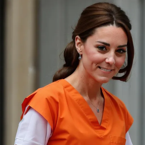 Prompt: kate middleton in prison wearing orange scrubs prison uniform