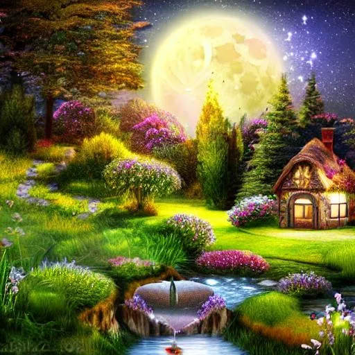 Prompt: Realistic, moon, flowers, nighttime, fairy cottage,  bubbling stream,  8k, has beautiful fairy laying on the meadow, beautiful fantasy landscape, realistic and natural, cosmic sky, detailed full-color, 