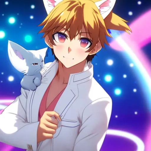 Prompt: Beefy 2d anime cat boy with ears and tail wearing a flashy white polyester three piece suit in a disco 