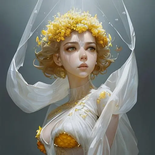 Prompt: queen made of yelow crystal geode, sheer white cloth falling down around her, her skin is cover by bleu geode, by artgerm, alessio albi, fabian perez, pino daeni, karol bak, cushart, wlop, craig mullins, peter mohrbacher, daniel f gerhartz, malcolm liepke