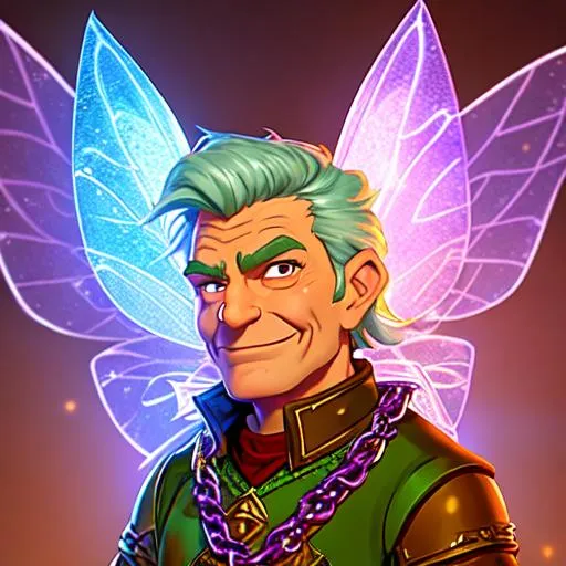 Prompt: In the style of animated show Futurama, Tiny adult male dungeons and dragons fairy, aged and wrinkled face with a small smile, cleanly shaven, pointed ears, with large fairy wings, dressed wearing brightly colored clothing and chain mail, cleric, short height, unkempt and messy hair, in a dark underground ancient crypt with ambient lighting from torches, perfect composition, highly detailed, intricate details, HD, fantasy, fey