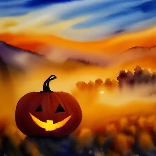 Prompt: (masterpiece, best quality:1.2), A watercolor painting. A spooky pumpkin in a pumpkin patch during a golden sunrise over a green field on a misty morning.