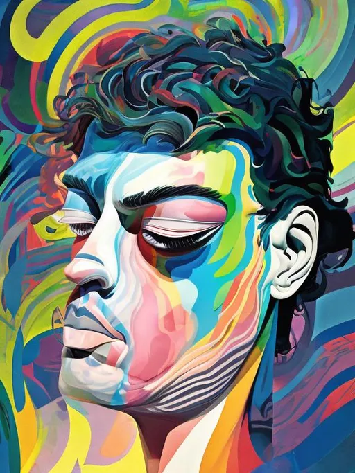 Prompt: Illustration of a man's face with bold color stripes reminiscent of psychedelic graphic design. Sunrays shine upon the face, creating a vibrant glow. The background features mind-bending sculptures, adding to the surreal atmosphere.