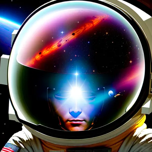 Prompt: Dark Astronaut in space with planets reflected in the visor