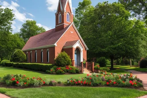 Prompt: A small brick church with a steeple in a quiet neighborhood, bushes and flowers in front, and trees grown in the yard. Viewed from an angle.