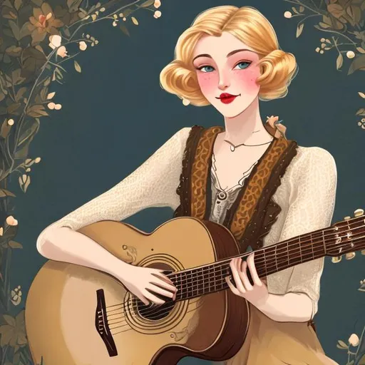 Prompt: illustration of beautiful woman with a perfect face, blonde hair, brown eyes and fair skin wearing 1920's style clothes and playing an acoustic guitar in Syberia