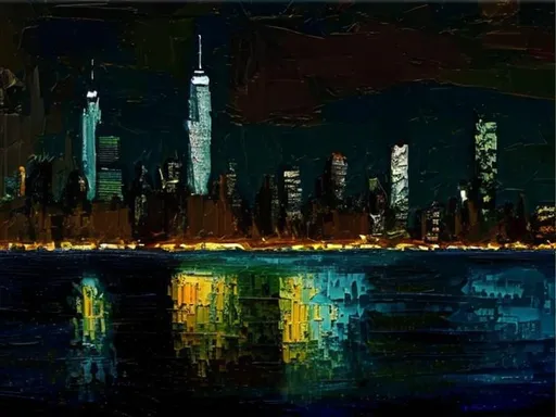 Prompt: Thick oil impasto York Skyline from 42nd Street Pier, thick oil impasto