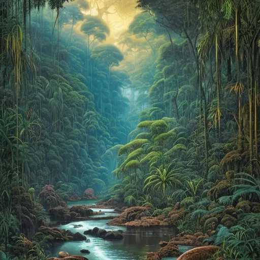Prompt: Landscape painting, lush and dark jungle, a wide slow river with rocky bed, dull colors, danger, fantasy art, by Hiro Isono, by Luigi Spano, by John Stephens