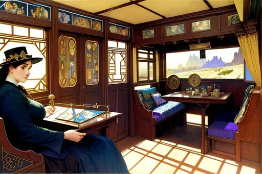 Prompt: [two point perspective][full length portrait; interior]
seated across the rune-covered table of her shadowy arts-and-crafts-styled sleeper-car school bus conversion is Morgan, corpulent Oracle of Limbo, explaining your fortune in the arcane spread of antique Tarot cards laid out before you.
Alphonse Mucha, Maxfield Parrish, Edward Hopper, J C Leyendecker, N C Wyeth.