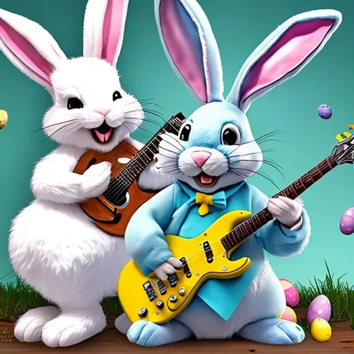 Prompt: The Easter bunny playing guitar epically 