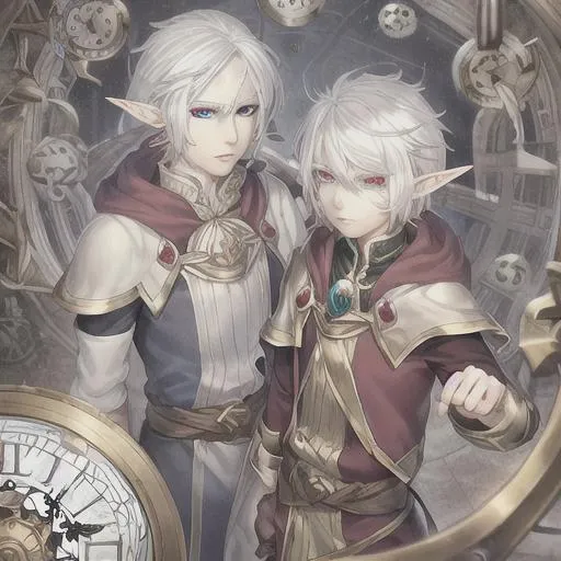 Prompt: Half elf male with white hair with clocks as eyes

