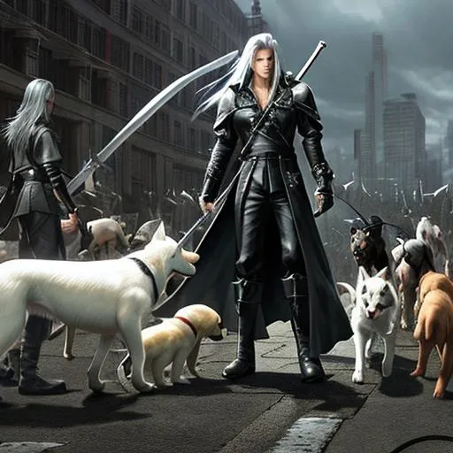 Prompt: Sephiroth from Final Fantasy and his army of dogs getting ready to attack a dog and its army of Sephiroth clones