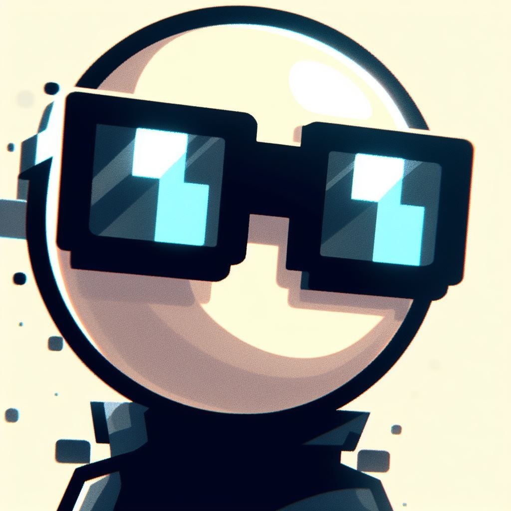 Prompt: the game "zorb" has a cartoon character wearing sunglasses, in the style of early computer art, found footage, hyperspace noir, close up, blocky, group f/64, strong facial expression