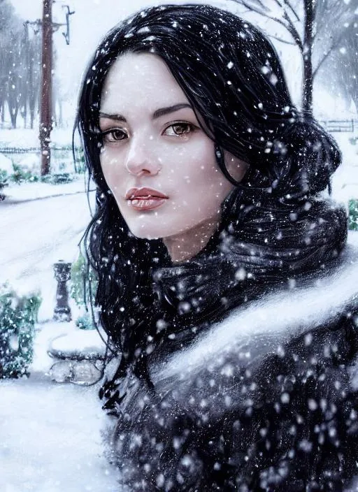 Prompt: Portrait of Ali Hillis with black hair and with beautiful face, outside in snow, perfect composition, hyperrealistic, super detailed, 8k, high quality, trending art, trending on artstation, sharp focus, studio photo, intricate details, highly detailed