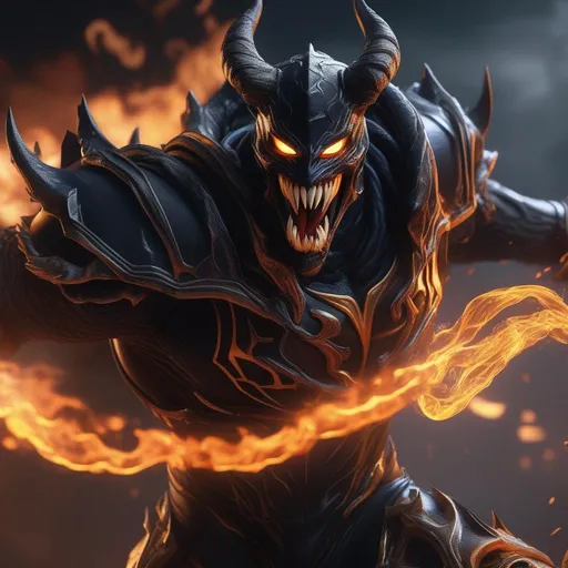 Prompt: a death knight with a Venom mouth (Venom movie), with horns on his forehead, orange fire eyes, Laughing, FULL BODY Hyperrealistic, sharp focus, Professional, UHD, HDR, 8K, Render, electronic, dramatic, vivid, pressure, stress, nervous vibe, loud, tension, traumatic, dark, cataclysmic, violent, fighting, Epic