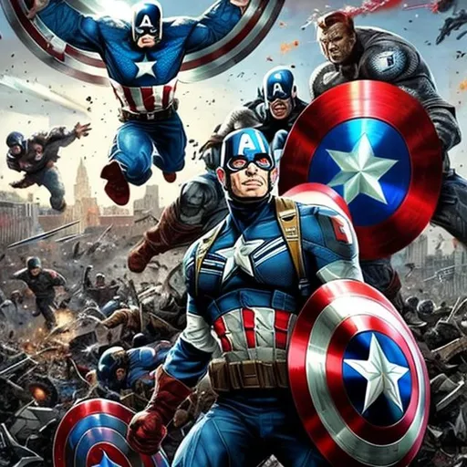 Prompt: Contemporary art, captain America, big, bright, shiny shield photo, realistic, war strife in the background chaos in the background bombs in the background