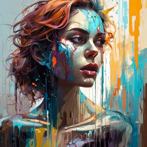 Prompt:  painting on the canvas of a woman in colorful tones, in the style of martin ansin, cracked, serene faces, perfect body, slim waist, proudly walking downstairs,  dimitry roulland, paint dripping technique, gorgeous colors, geometric



