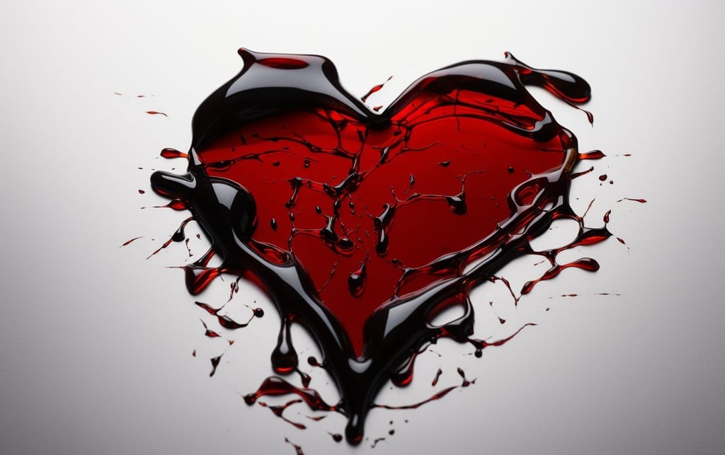 Prompt: broken red glass heart black vanta black oil pouring out