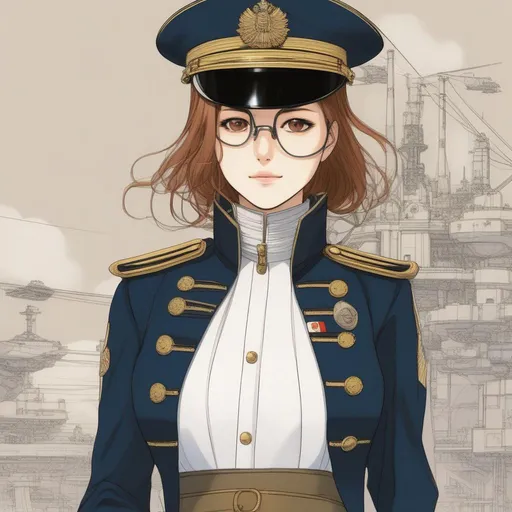 Prompt: Whole body. Full Figure, from distance. a Young Japanese woman in 20th japanese admiral uniform. Admiral uniform. Cute. she wears googles. Akira art. Anime art. Captain Harlock art. Leiji Matsumoto art. 2d art. 2d. well draw face. detailed.