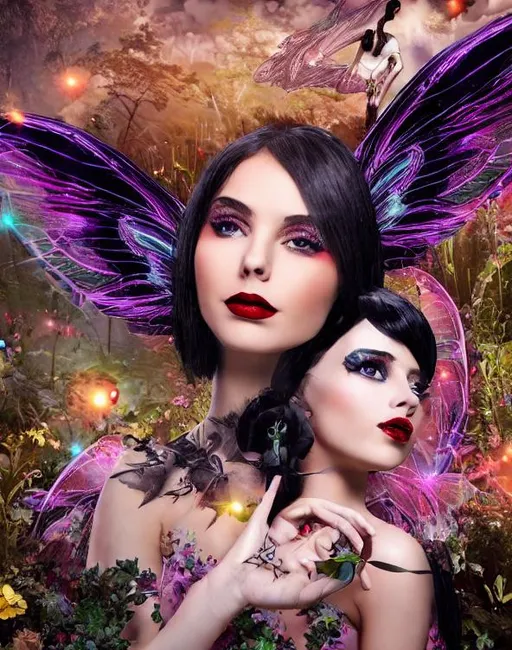 Prompt: photo realistic landscape , beautiful retro fairy woman with black hair and wings,  facing camera, symmetrical face, ideal human, photography, ultra details, natural light, crowded rave background, advertising campaign for being beautiful 