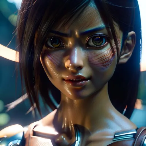 Prompt: 64K UHD HDR Hyper-Realistic Detailed Sniper-Shot of Alita. Strikingly Beautiful Face. Bright Brown Almond-Shaped Eyes. Light Accentuating her Sensual Beauty. Kawaii. Smooth Flawless Skin. Octane Render by WETA Digital