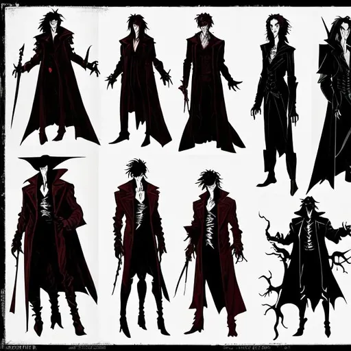 Prompt: a series of different character outfit concept art designs for a male vampire; ultra wide angle;  clear character pose and silhouette, high clarity outfit design; good anatomy; german expressionism;  strong contrast of light and dark; expressionistic pose; madness; The Cabinet of Dr. Caligari; Edward Scissorhands; tim burton; universal monsters; dracula; castlevania.
