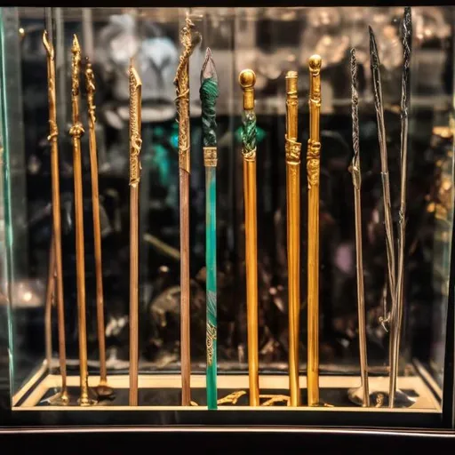 Prompt: Magic wands in a display case 