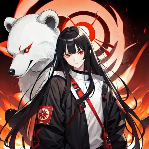 Prompt: Kuma 1male (pale) long black hair) (red eyes) holding a gun, nuclear fallout