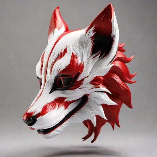 Prompt: A specially designed unique Kitsune mask that is black white and red, realistic, uhd, lifelike