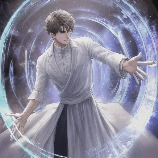 Prompt: A 25 year old handsome man reaches with his hand trough a portal to another world. He is dressed in white linen. 