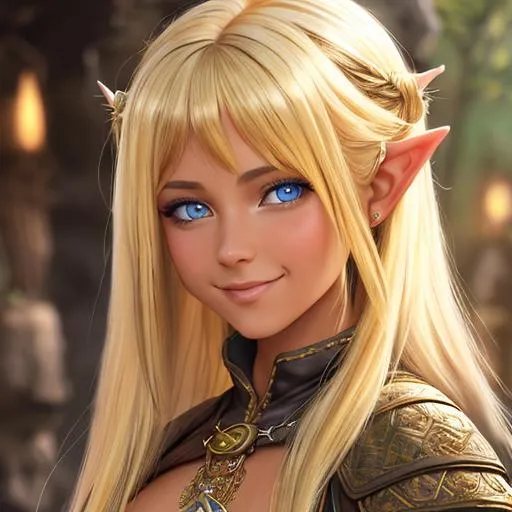 Prompt: oil painting, fantasy, hobbit girl, tanned-skinned-female, beautiful, short bright dirty blonde hair, straight hair, smiling, pointed ears, looking at the viewer, thief wearing intricate leather amor, #3238, UHD, hd , 8k eyes, detailed face, big anime dreamy eyes, 8k eyes, intricate details, insanely detailed, masterpiece, cinematic lighting, 8k, complementary colors, golden ratio, octane render, volumetric lighting, unreal 5, artwork, concept art, cover, top model, light on hair colorful glamourous hyperdetailed medieval city background, intricate hyperdetailed breathtaking colorful glamorous scenic view landscape, ultra-fine details, hyper-focused, deep colors, dramatic lighting, ambient lighting god rays, flowers, garden | by sakimi chan, artgerm, wlop, pixiv, tumblr, instagram, deviantart