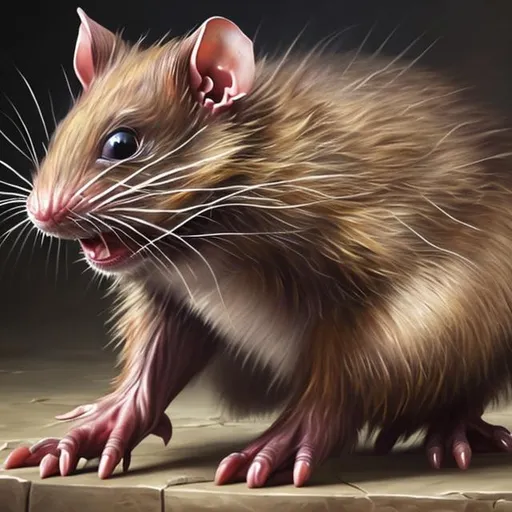 Prompt: Award winning hyper realistic painting of a muscular giant rat fighting Cat 